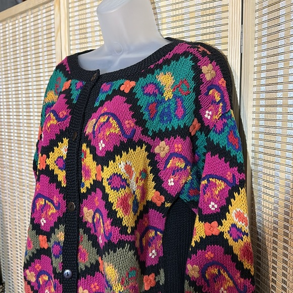 Ormond Shops Vintage Black Floral Embroidered Loose Knit Cardigan Sweater Small - Picture 4 of 15